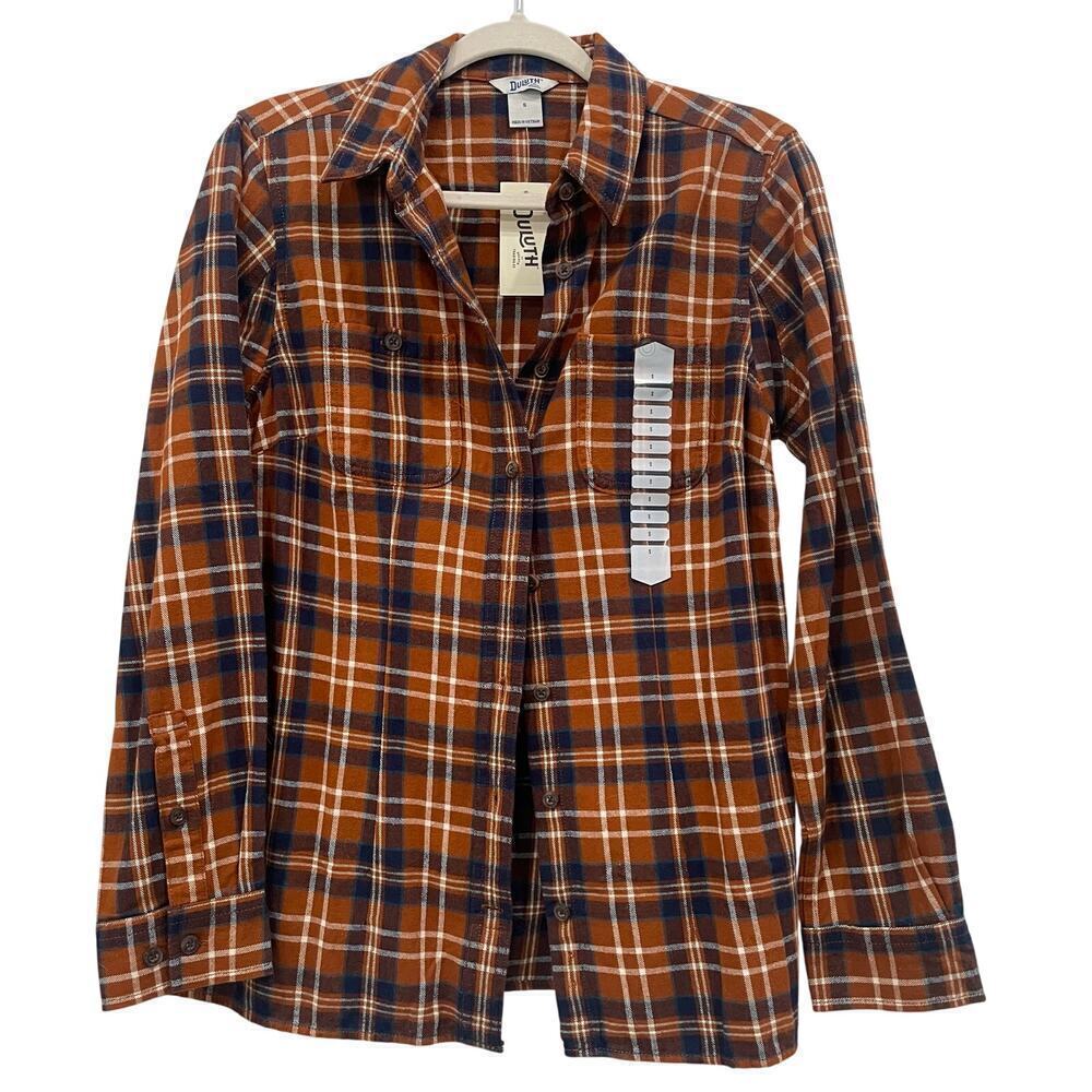 NWT Duluth Orange Blue Plaid Flannel Long Sleeve Button Up Size Small